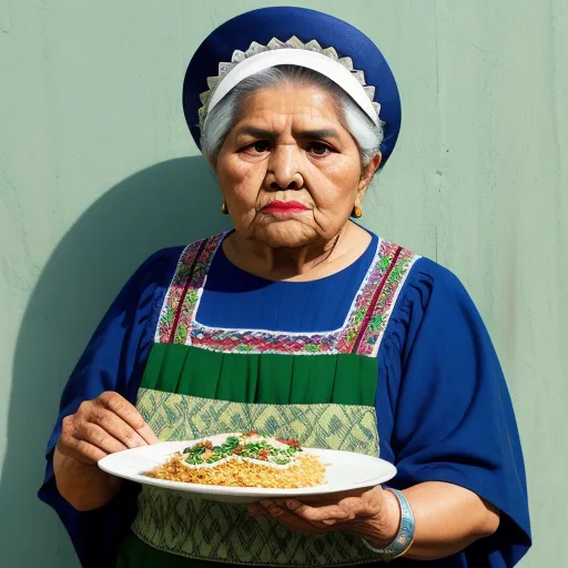 a woman in a blue dress holding a plate of food in her hands and looking at the camera with a serious look on her face, by Cindy Sherman