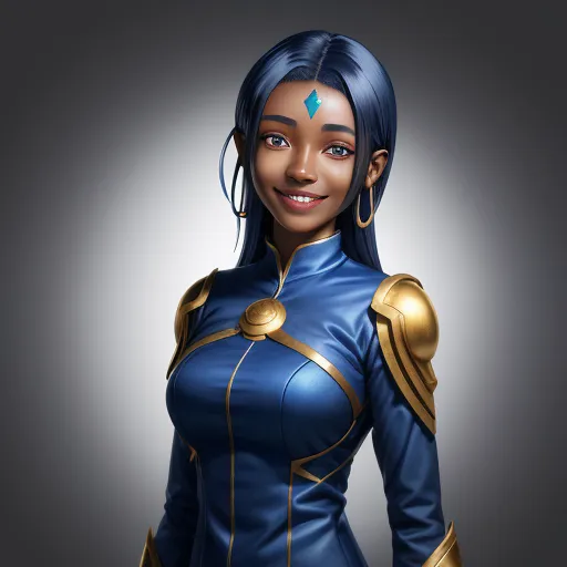 a woman in a blue and gold outfit with a smile on her face and a smile on her face, by Lois van Baarle