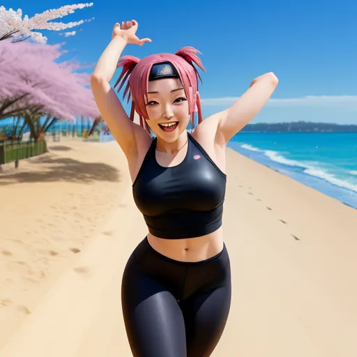 high resolution images - a woman in a black outfit is running on the beach with her arms up in the air and her head in the air, by Terada Katsuya