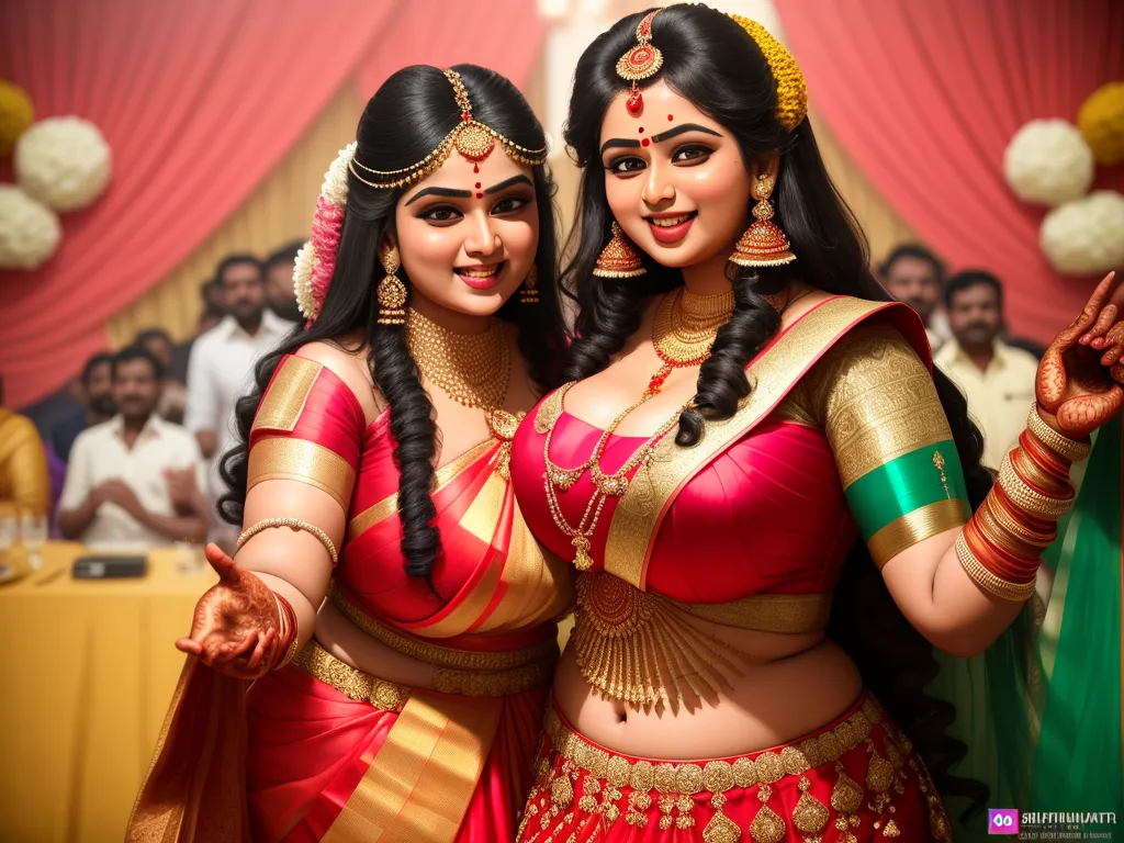 low quality photos - two women dressed in indian attire posing for a picture together in front of a crowd of people in a red and gold colored dress, by Raja Ravi Varma