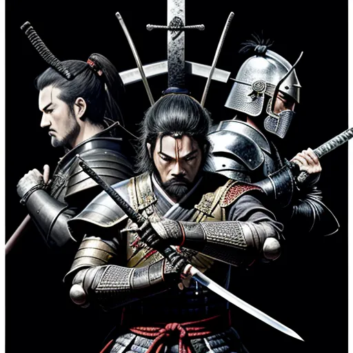 ai genrated images - a group of men in armor holding swords and swords in their hands, with a black background and a black background, by Gatōken Shunshi