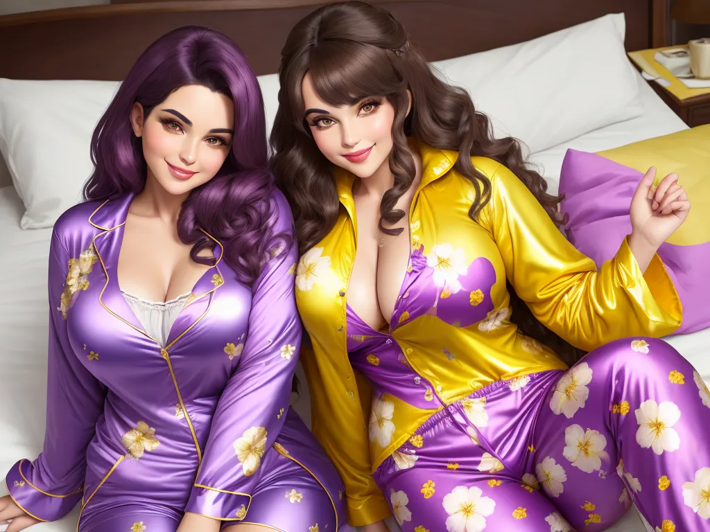 how to fix low resolution photos - two women in matching pajamas sitting on a bed together, one of them is wearing a yellow and purple outfit, by Lois van Baarle