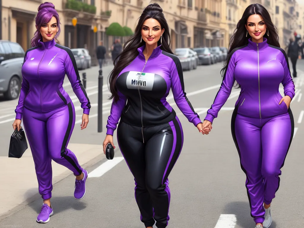 free ai photo enhancer software - three women in purple outfits walking down a street together, both wearing matching outfits and carrying bags, both wearing matching shoes, by Botero