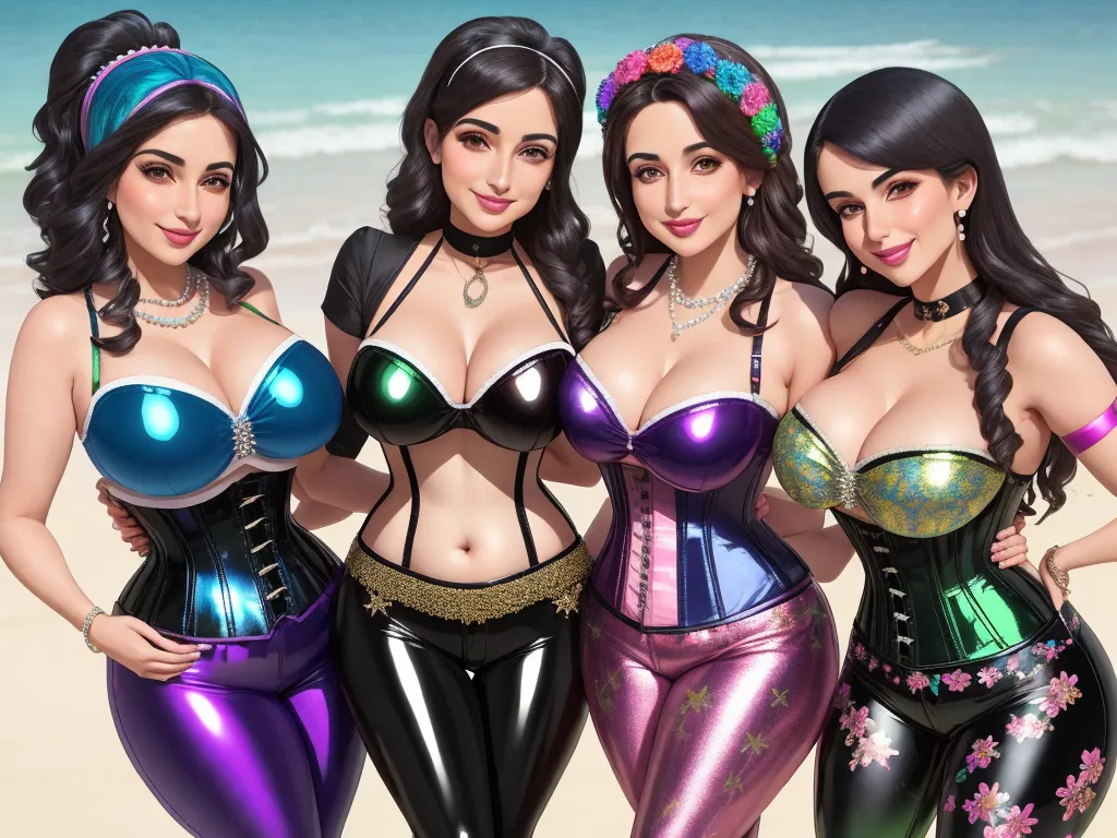 advanced ai image generator - three women in colorful outfits standing next to each other on a beach with the ocean in the background and a sky in the background, by Sailor Moon