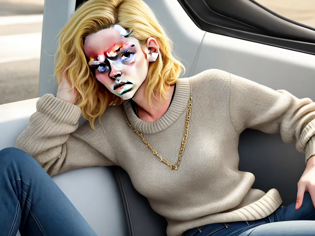 text to picture ai - a woman with face paint sitting in a car with her hands on her head and her face painted with multiple colors, by Lois van Baarle