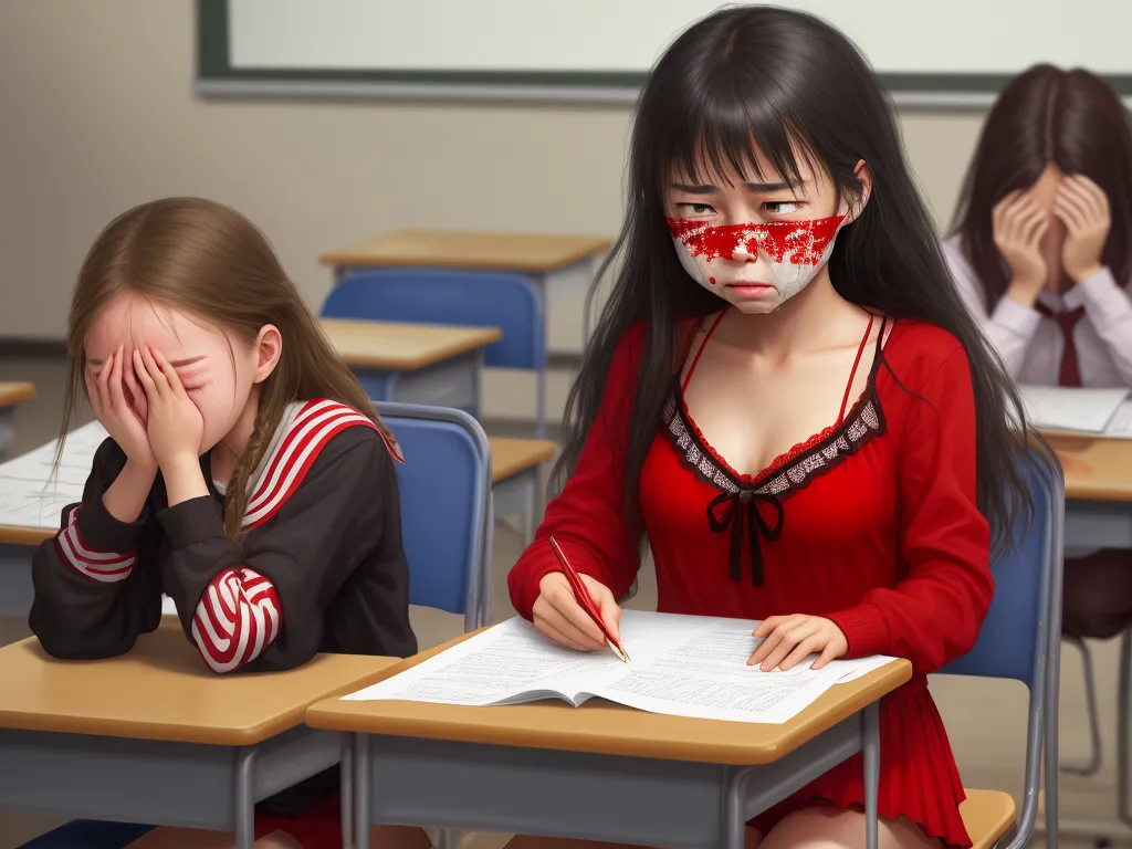 enlarge image - a girl with a red face paint sitting at a desk with another girl with a red face paint on her face, by Kent Monkman