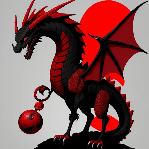4k quality picture converter - a red dragon with a red ball on its back and a red ball on its neck, on a gray background, by Baiōken Eishun