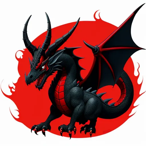 a black dragon with red flames on it's wings and a red circle behind it, with a red circle behind it, by Baiōken Eishun