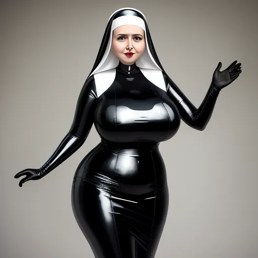 4k quality converter photo - a woman in a black latex outfit with a nun costume on and a white hood and black gloves, by Hendrik van Steenwijk I