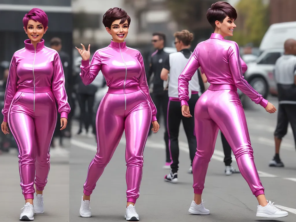 ai generated images from text online - a woman in a pink shiny suit is walking down the street and smiling at the camera while wearing white sneakers, by Botero