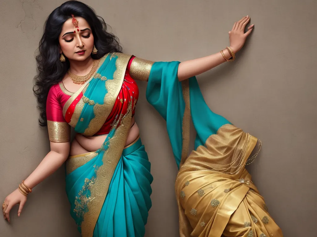 a woman in a sari is leaning against a wall with her arms outstretched and her hand on her hip, by Raja Ravi Varma