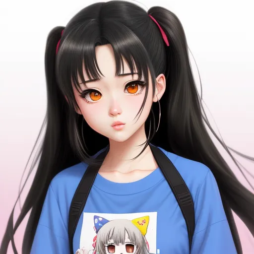 text to picture ai generator - a girl with long black hair and orange eyes wearing a blue shirt and carrying a black bag with a picture of a girl on it, by Taiyō Matsumoto