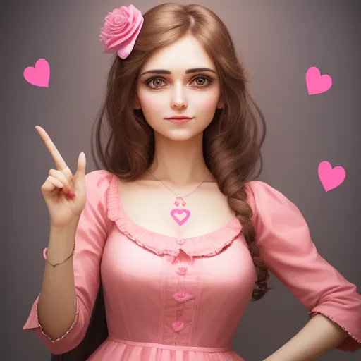 4k picture converter - a woman in a pink dress holding a peace sign and a pink rose in her hair with hearts on the background, by Chen Daofu