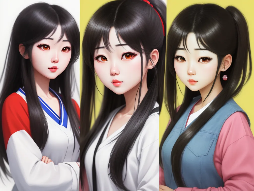 turn photo hd - three asian women with long black hair and red eyes, one with long black hair and one with long black hair, by theCHAMBA