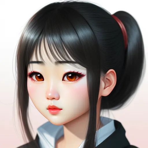 make image higher resolution - a girl with long black hair and a ponytail with red eyes and a black shirt with a white collar, by Lois van Baarle