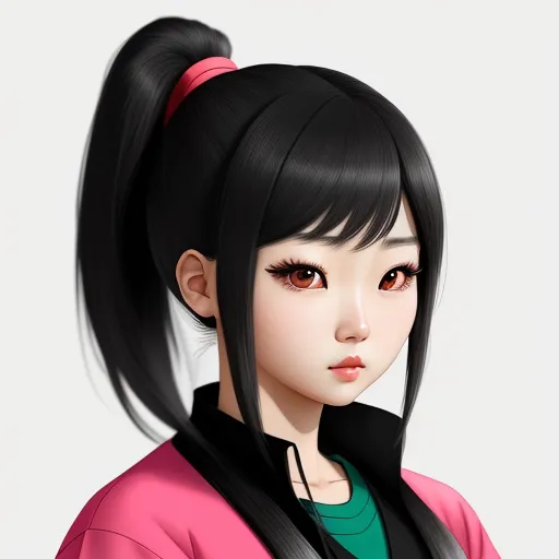 a girl with long black hair and a pink top is wearing a pink jacket and green shirt and a black ponytail, by Lois van Baarle