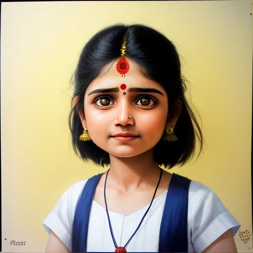best image ai - a painting of a girl with a necklace and earrings on her head, with a yellow background and a yellow wall behind her, by Raja Ravi Varma