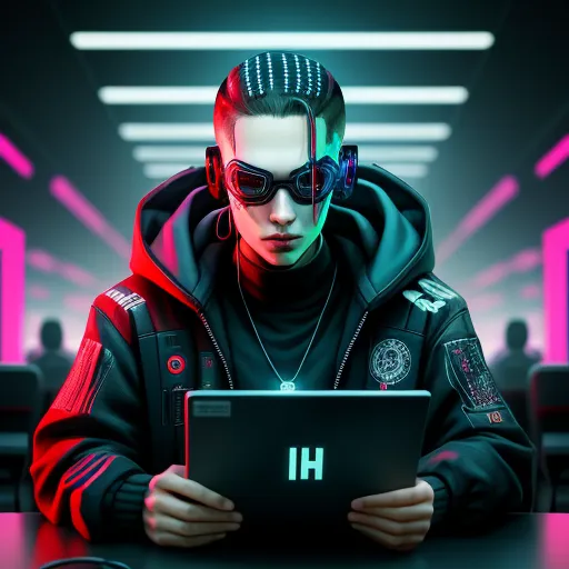 ai create image from text - a man in a black jacket and sunglasses using a laptop computer in a dark room with neon lights on the ceiling, by Daniela Uhlig