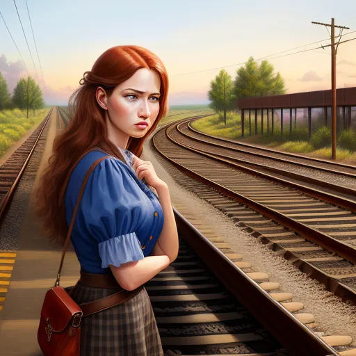 a woman standing on a train track with a handbag on her shoulder and a train track in the background, by Cyril Rolando