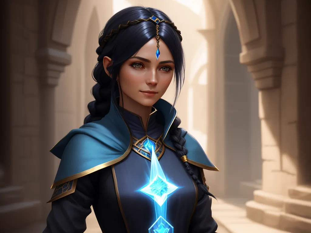 hdphoto - a woman in a blue outfit holding a blue sword in a hallway with arches and arches on either side, by Lois van Baarle