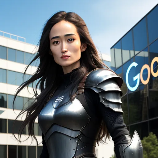 increase resolution of image - a woman in a futuristic suit standing in front of a google sign and building with a google logo in the background, by Chen Daofu