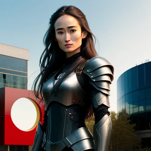 a woman in a futuristic suit standing in front of a building with a red and white sign in the background, by Terada Katsuya