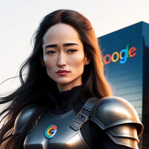 low quality images - a woman in a futuristic suit standing in front of a google logo building with long hair and a black top, by Jeff Simpson