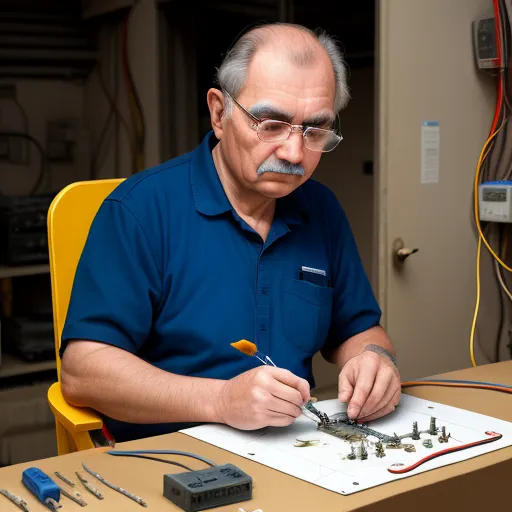 ai image genorator - a man working on a project with wires and wires on a table in front of him and a yellow chair, by Charles Gwathmey