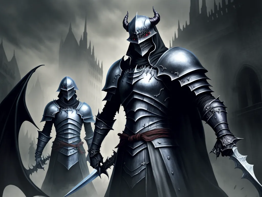 4k to 1080p converter - two knights in armor standing in front of a castle with a sword in their hands and a demon in the other hand, by Kentaro Miura