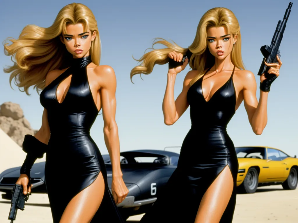ai image generator from image - two women in black dresses holding guns in front of a car and a yellow car in the background with a yellow car, by Bruce Timm