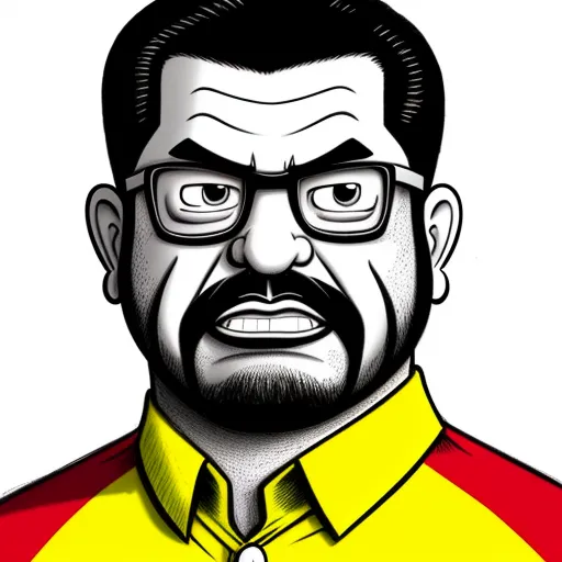 convert to high resolution - a man with glasses and a beard wearing a yellow shirt and red and yellow shirt with a black mustache, by Peter Bagge