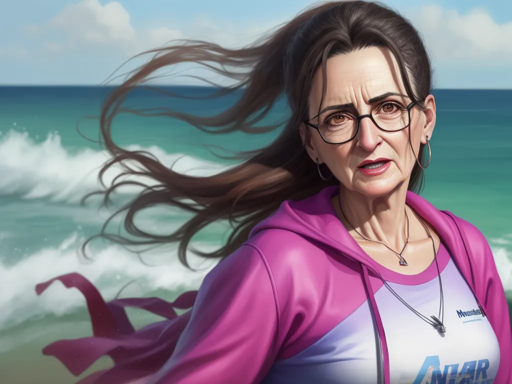 4k to 1080p photo converter - a woman with glasses and a pink hoodie on a beach with waves in the background and a blue sky, by Sven Nordqvist