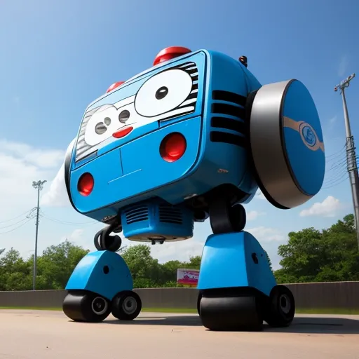 4k photo resolution converter - a blue robot is standing on wheels on the street with a sky background and trees in the background,, by Akira Toriyama