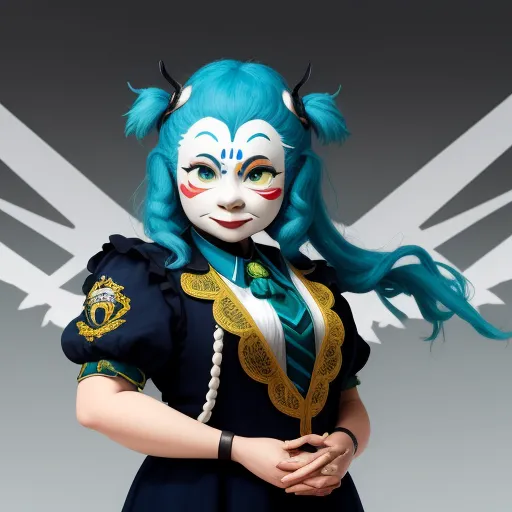 image increase resolution - a woman with blue hair and makeup is dressed in a costume with wings and a blue wig and a blue wig, by Terada Katsuya