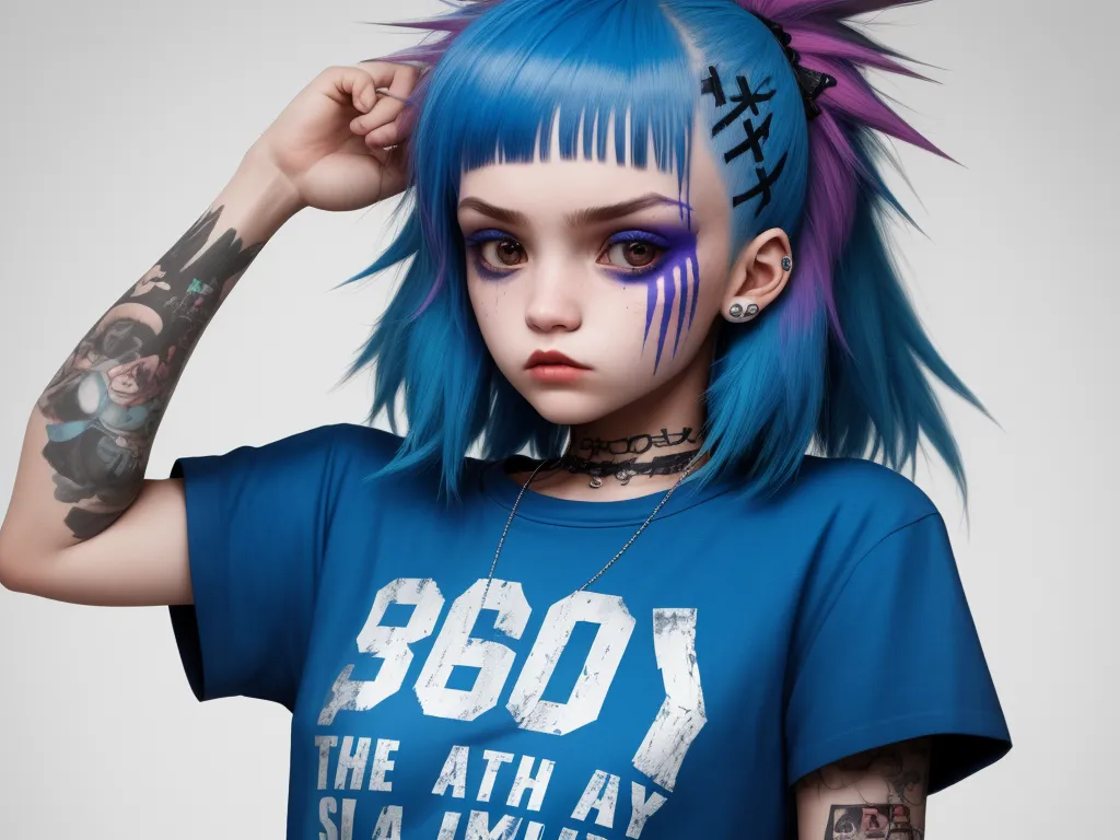 make photos hd free - a girl with blue hair and tattoos on her head and a blue shirt with white writing on it and a blue shirt with white writing on it, by Terada Katsuya