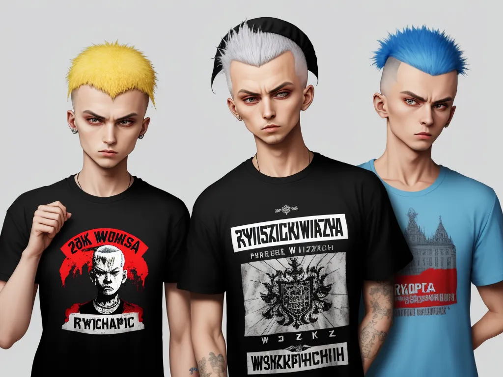 three male characters wearing t - shirts with different hair colors and designs on them, one of them is wearing a mohawk, by Hayao Miyazaki