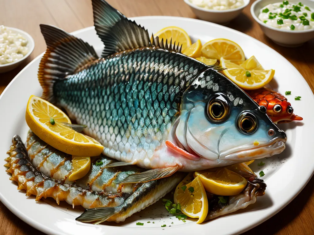 a fish is on a plate with lemons and other food items on a table top with bowls of rice, by Damien Hirst