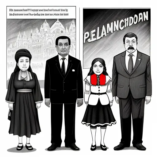 turn image into hd - a cartoon of a family standing in front of a poster of a palace and a woman in a dress, by Marjane Satrapi