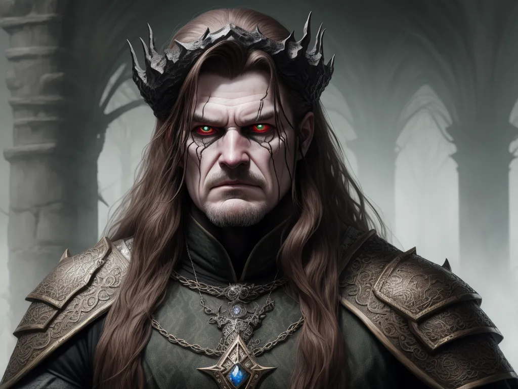 ai genrated images - a man with long hair and a horned face wearing a crown and a chain around his neck and a chain around his neck, by Antonio J. Manzanedo