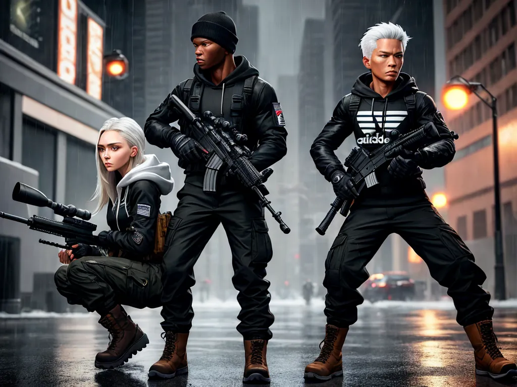 image resolution enhancer - a group of people with guns and a woman kneeling down in the rain in a city street with buildings, by François Quesnel