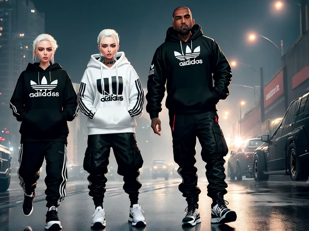 a group of people standing on a street at night wearing adidas hoodies and sweatpants and sweatshirts, by Hendrik van Steenwijk I