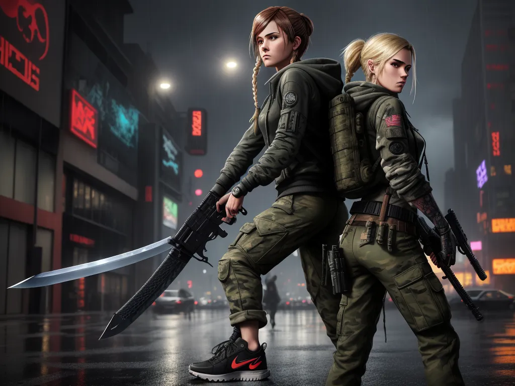 two women in military uniforms holding guns in the rain at night in a city street with neon lights and neon signs, by François Quesnel