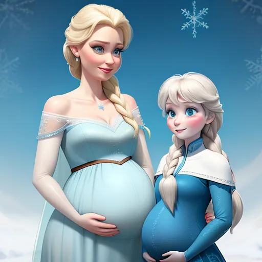 ai picture generator from text - a pregnant woman standing next to a frozen princess in a blue dress with snowflakes on her head, by NHK Animation