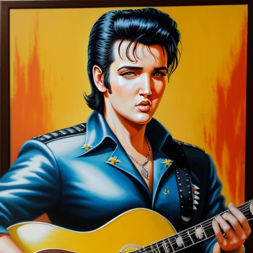 ai website that creates images - a painting of a elvis presley holding a guitar in his hand and wearing a blue shirt and gold stars, by David Burliuk