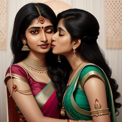 convert photo to high resolution - two women in sari kissing each other with their heads close together, with a wall in the background, by Raja Ravi Varma