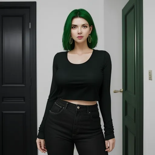 a woman with green hair standing in a room with a door and a door way in the background, wearing black jeans and a black crop top, by Hendrik van Steenwijk I