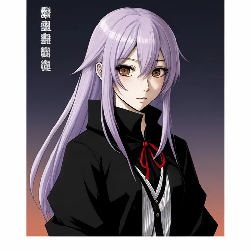 a anime character with long purple hair and a black shirt with a red tie on it's neck, by Hanabusa Itchō