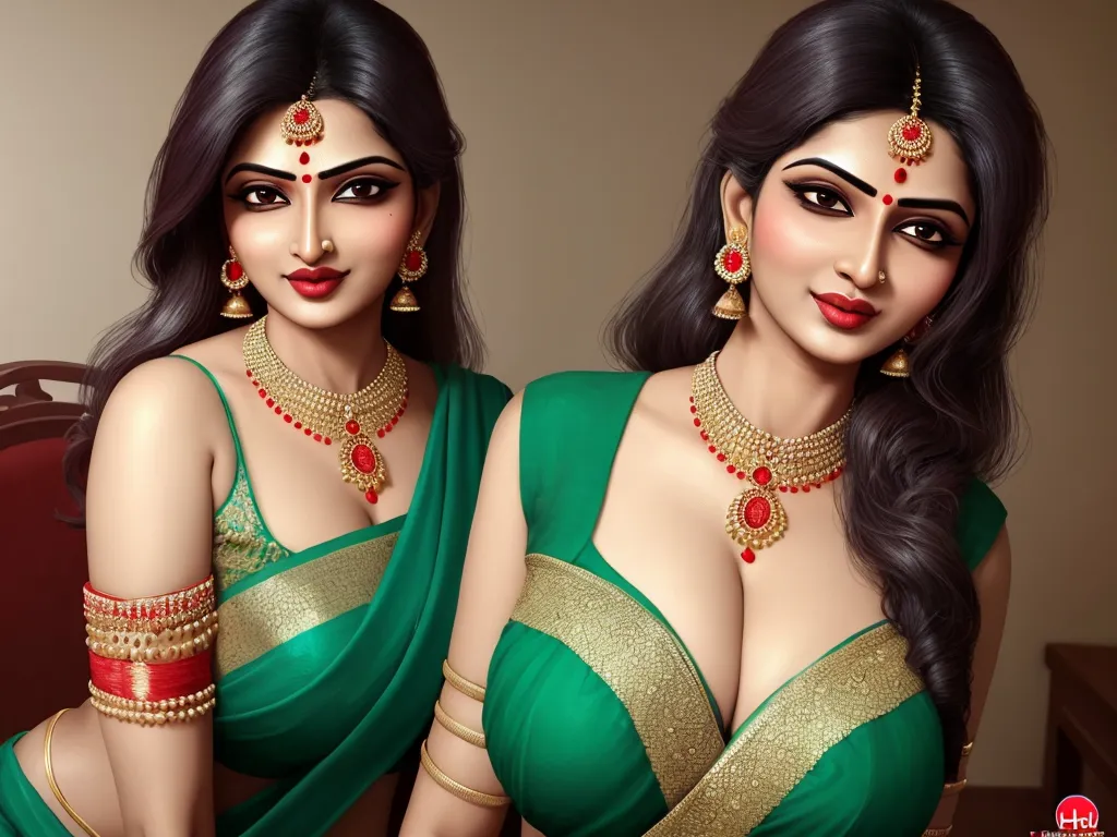 ai generated images from text online - a woman in a green sari with gold jewelry on her neck and chest, sitting on a chair, by Raja Ravi Varma