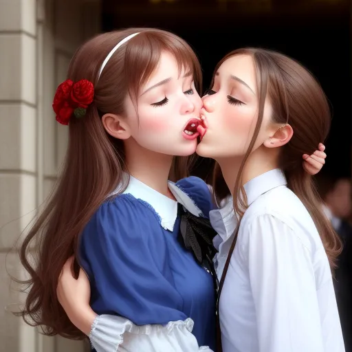 low resolution images - two women are kissing each other outside of a building with a rose in their hair and a rose in her mouth, by Sailor Moon