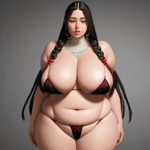 image sharpener - a woman with huge breast and a necklace on her neck and a necklace on her neck, standing in a bikini, by Terada Katsuya